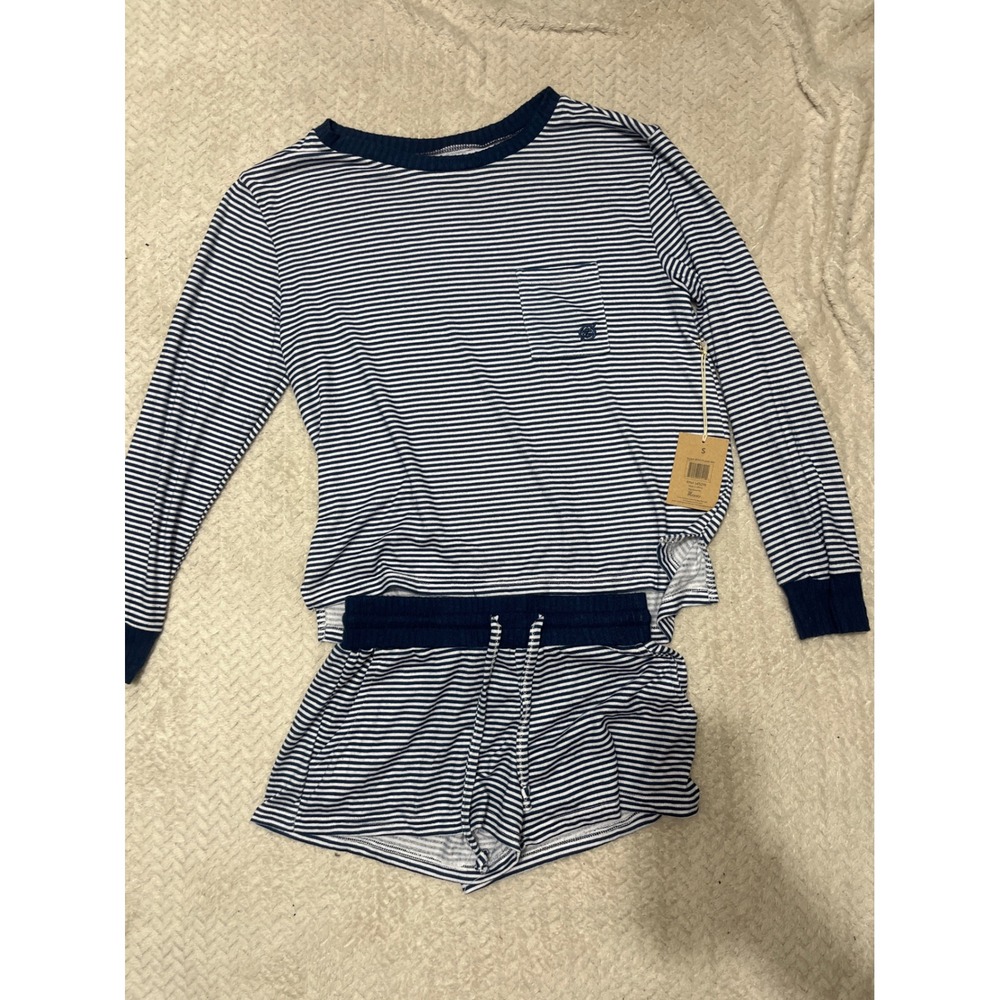 Born Sleepwear Pajama Set Navy Blue White Striped Long Sleeve Top Shorts S NEW